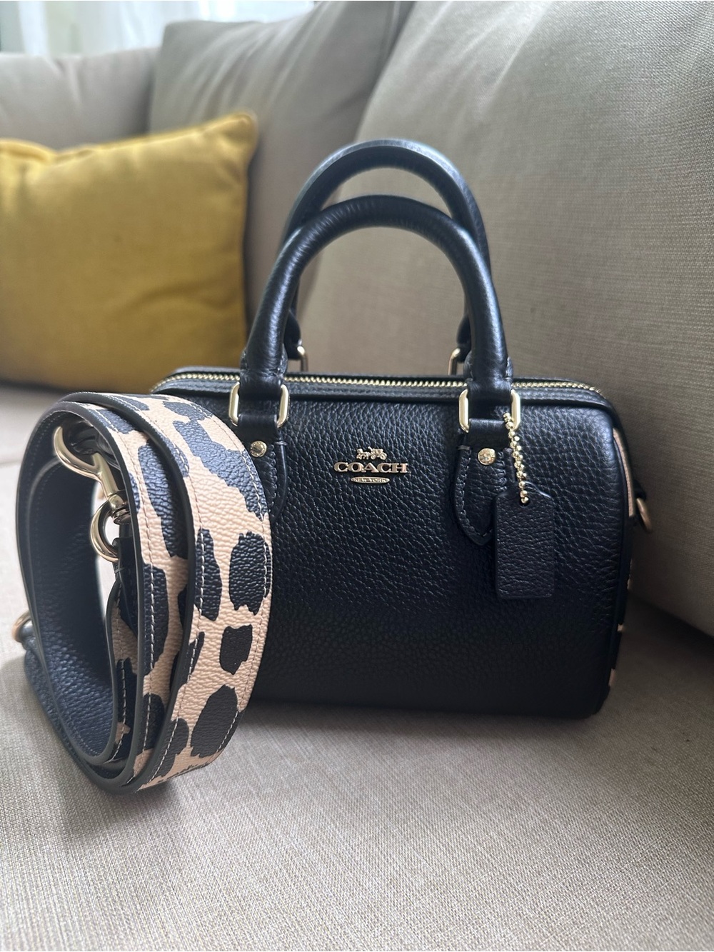 Coach Mini Rowan Black Pebbled Leather Satchel with Printed Detachable Strap